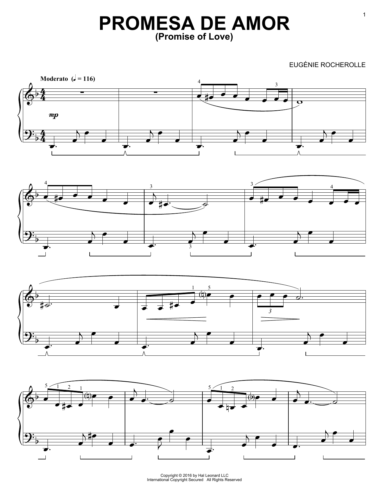 Eugénie Rocherolle Promesa De Amor Sheet Music Notes & Chords for Piano - Download or Print PDF
