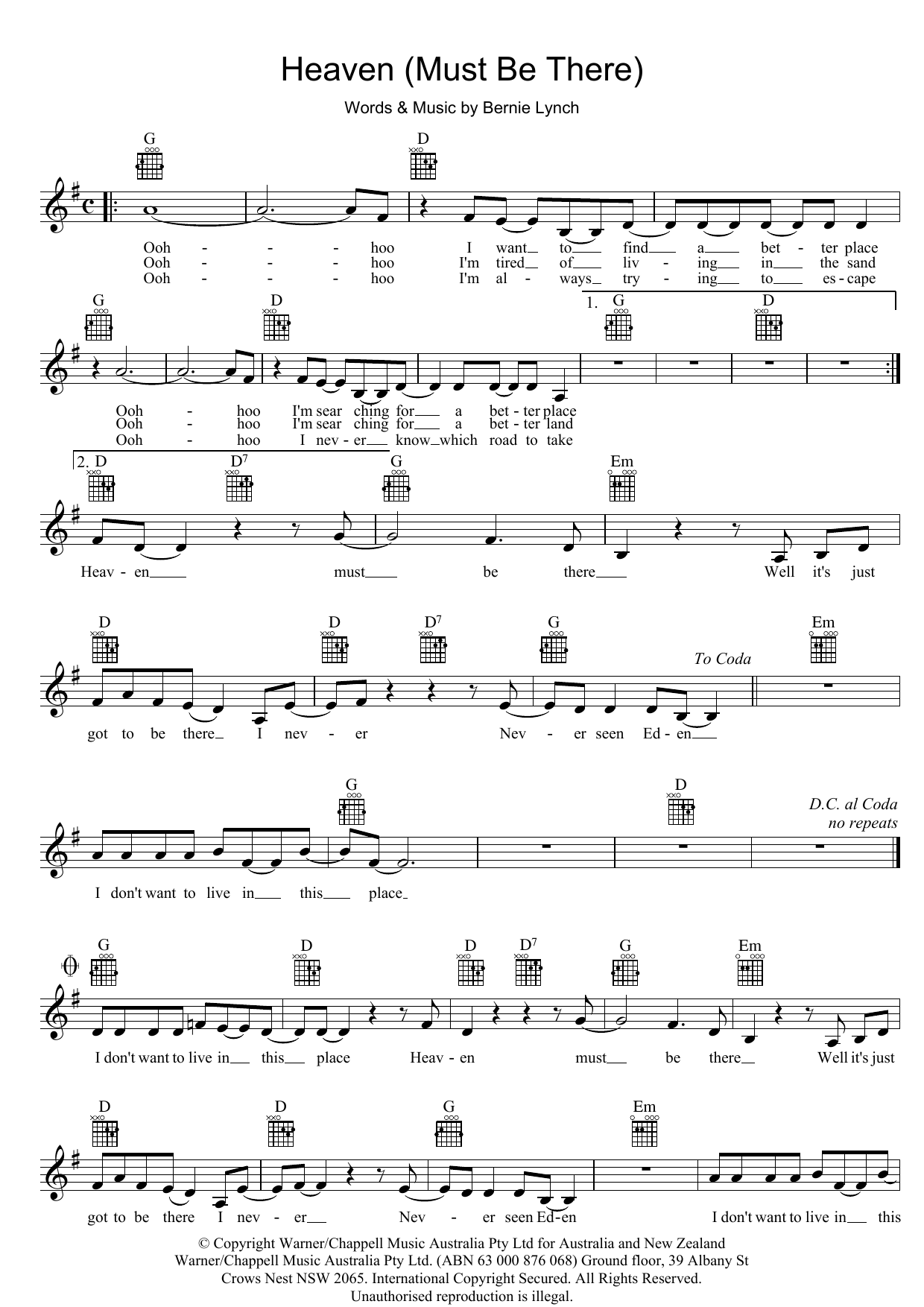 Eurogliders Heaven (Must Be There) Sheet Music Notes & Chords for Melody Line, Lyrics & Chords - Download or Print PDF