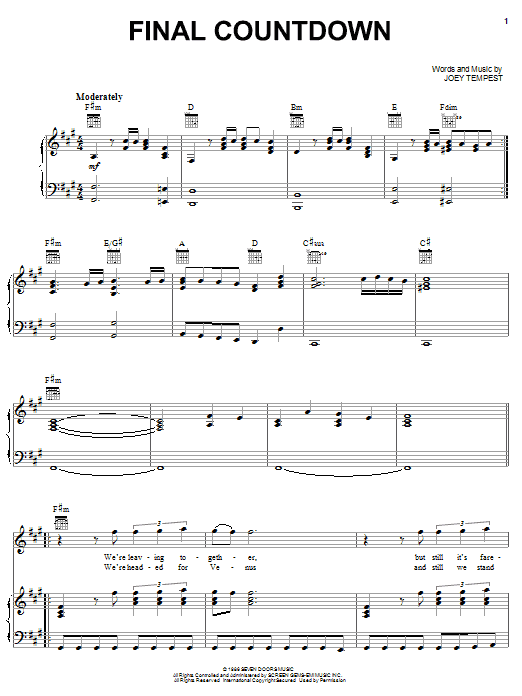 Joey Tempest The Final Countdown Sheet Music Notes & Chords for Melody Line, Lyrics & Chords - Download or Print PDF