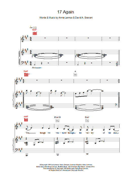 Eurythmics 17 Again Sheet Music Notes & Chords for Piano, Vocal & Guitar - Download or Print PDF