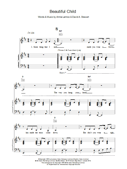 Eurythmics Beautiful Child Sheet Music Notes & Chords for Piano, Vocal & Guitar - Download or Print PDF