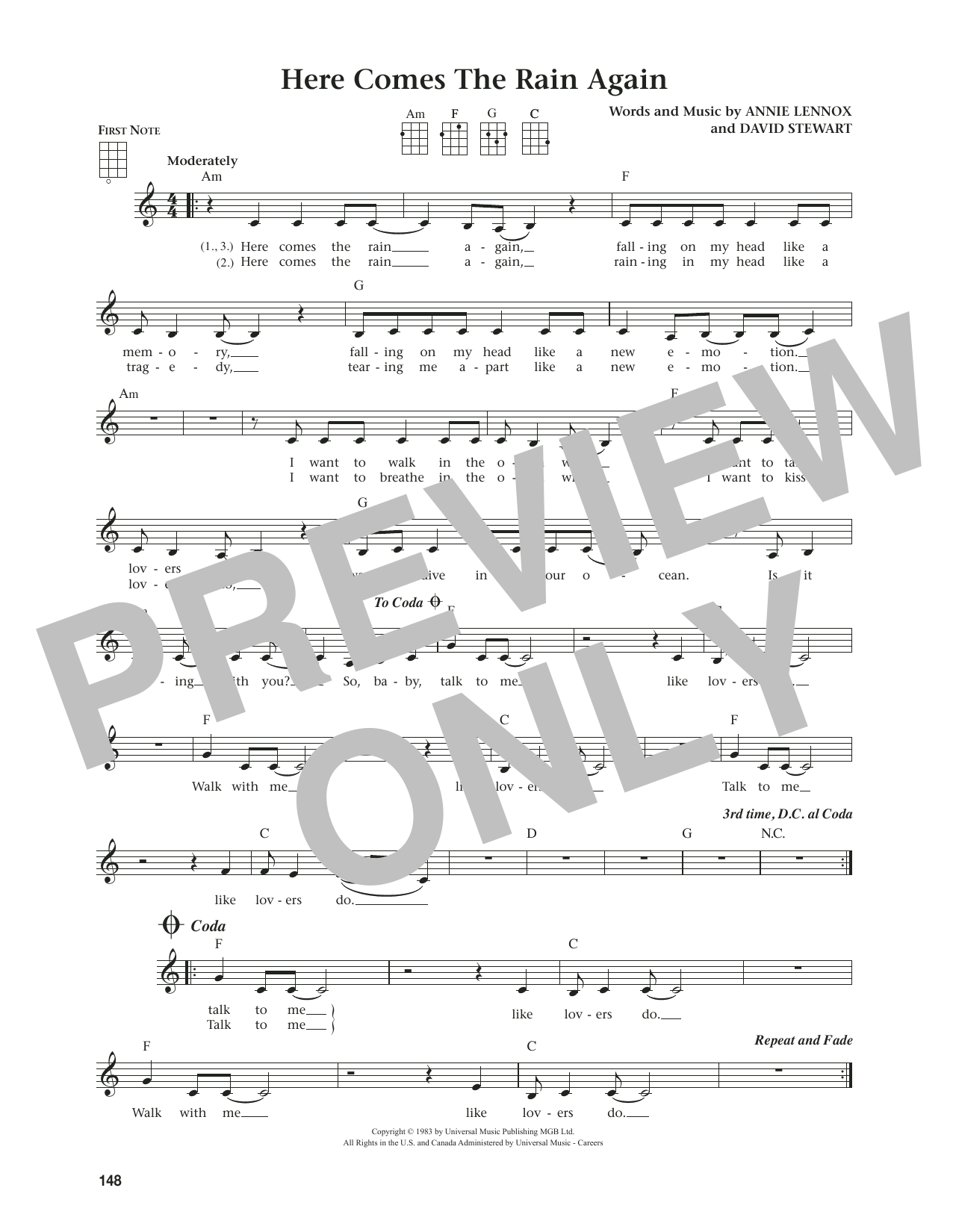 Eurythmics Here Comes The Rain Again (from The Daily Ukulele) (arr. Jim Beloff) Sheet Music Notes & Chords for Ukulele - Download or Print PDF