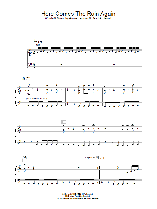 Eurythmics Here Comes The Rain Again Sheet Music Notes & Chords for Piano, Vocal & Guitar (Right-Hand Melody) - Download or Print PDF