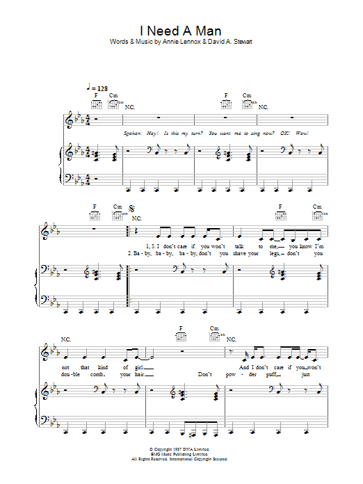 Eurythmics I Need A Man Sheet Music Notes & Chords for Piano, Vocal & Guitar - Download or Print PDF