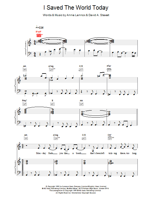 Eurythmics I Saved The World Today Sheet Music Notes & Chords for Piano, Vocal & Guitar - Download or Print PDF