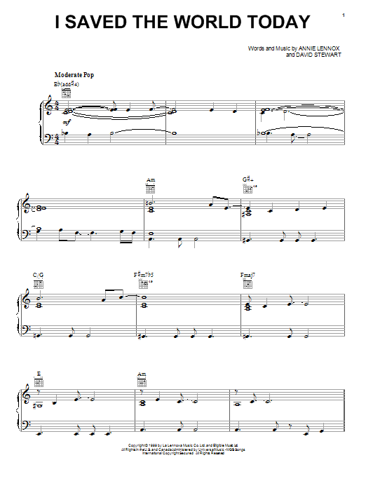 Preview Eurythmics I Saved The World Today Rock sheet music, notes and chords for Piano, Vocal & Guitar, SKU: 13682 sheet music, piano notes, chords, guitar tabs, score, transpose, transcribe, how to play, guide, download, learn, tutorial, progression, song, artist, awards, billboard, mtv, vh1, tour, single, album, release