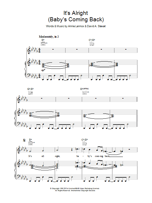Eurythmics It's Alright (Baby's Coming Back ) Sheet Music Notes & Chords for Piano, Vocal & Guitar (Right-Hand Melody) - Download or Print PDF