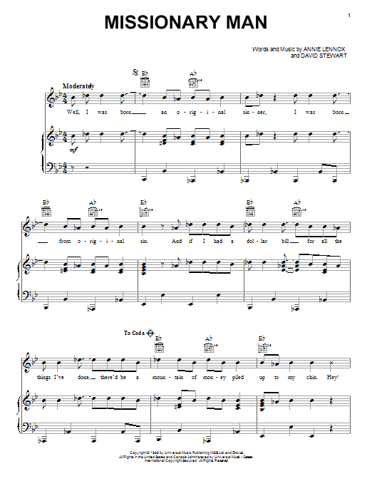 Eurythmics Missionary Man Sheet Music Notes & Chords for Piano, Vocal & Guitar (Right-Hand Melody) - Download or Print PDF