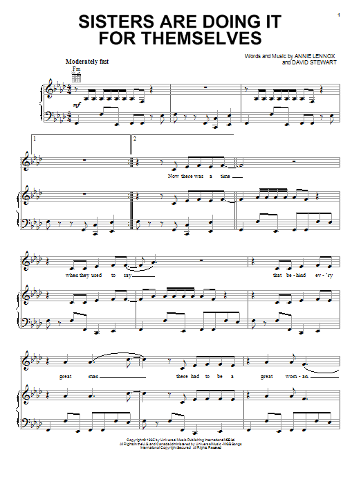 Preview Eurythmics Sisters Are Doing It For Themselves Pop sheet music, notes and chords for Piano, Vocal & Guitar (Right-Hand Melody), SKU: 32956 Sisters Are Doing It For Themselves sheet music
