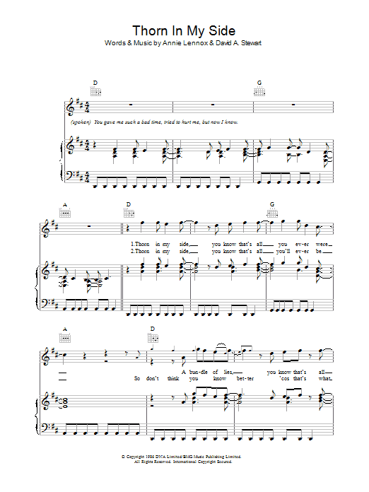 Eurythmics Thorn In My Side Sheet Music Notes & Chords for Piano, Vocal & Guitar (Right-Hand Melody) - Download or Print PDF