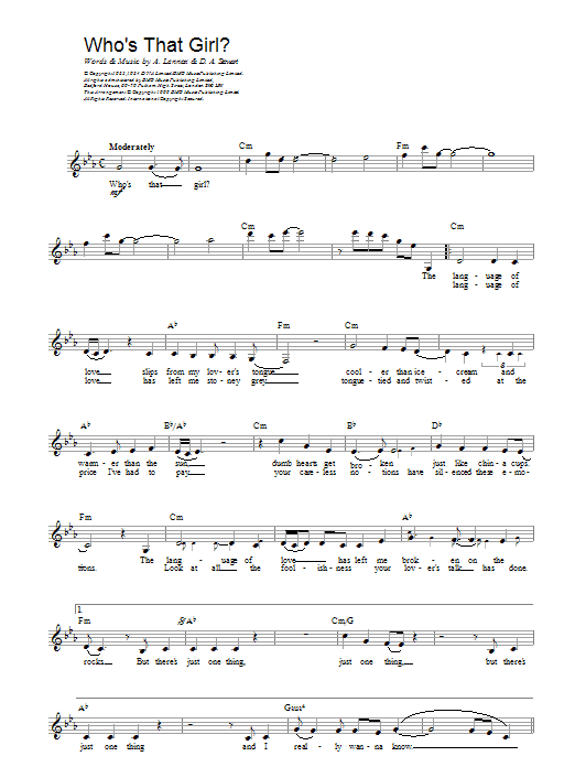 Eurythmics Who's That Girl? Sheet Music Notes & Chords for Melody Line, Lyrics & Chords - Download or Print PDF