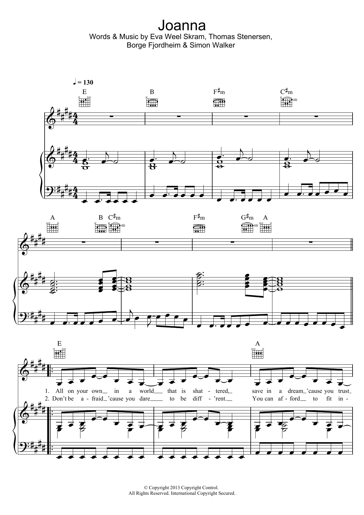 Eva & The Heartmaker Joanna Sheet Music Notes & Chords for Piano, Vocal & Guitar (Right-Hand Melody) - Download or Print PDF