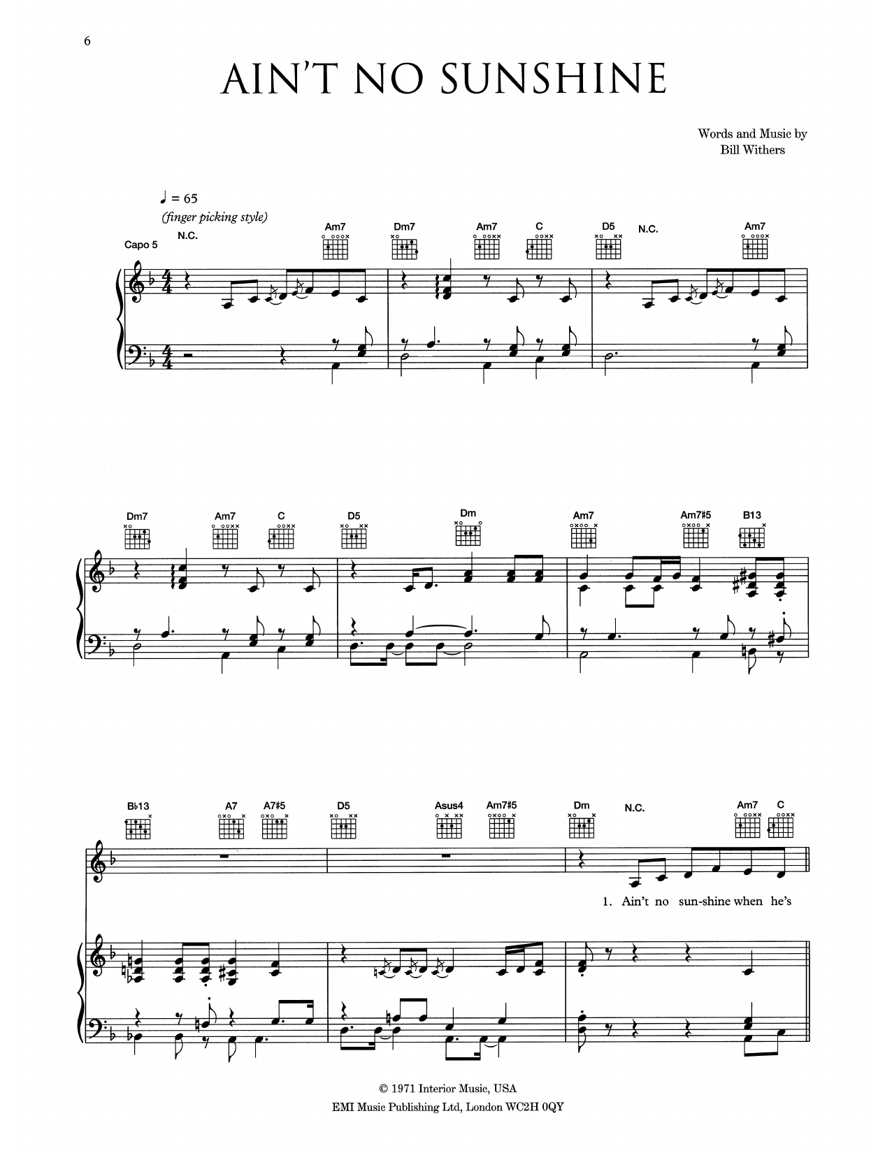 Eva Cassidy Ain't No Sunshine Sheet Music Notes & Chords for Piano, Vocal & Guitar (Right-Hand Melody) - Download or Print PDF