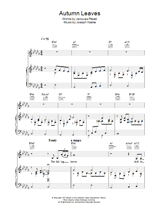 Eva Cassidy Autumn Leaves (Les Feuilles Mortes) Sheet Music Notes & Chords for Piano, Vocal & Guitar - Download or Print PDF
