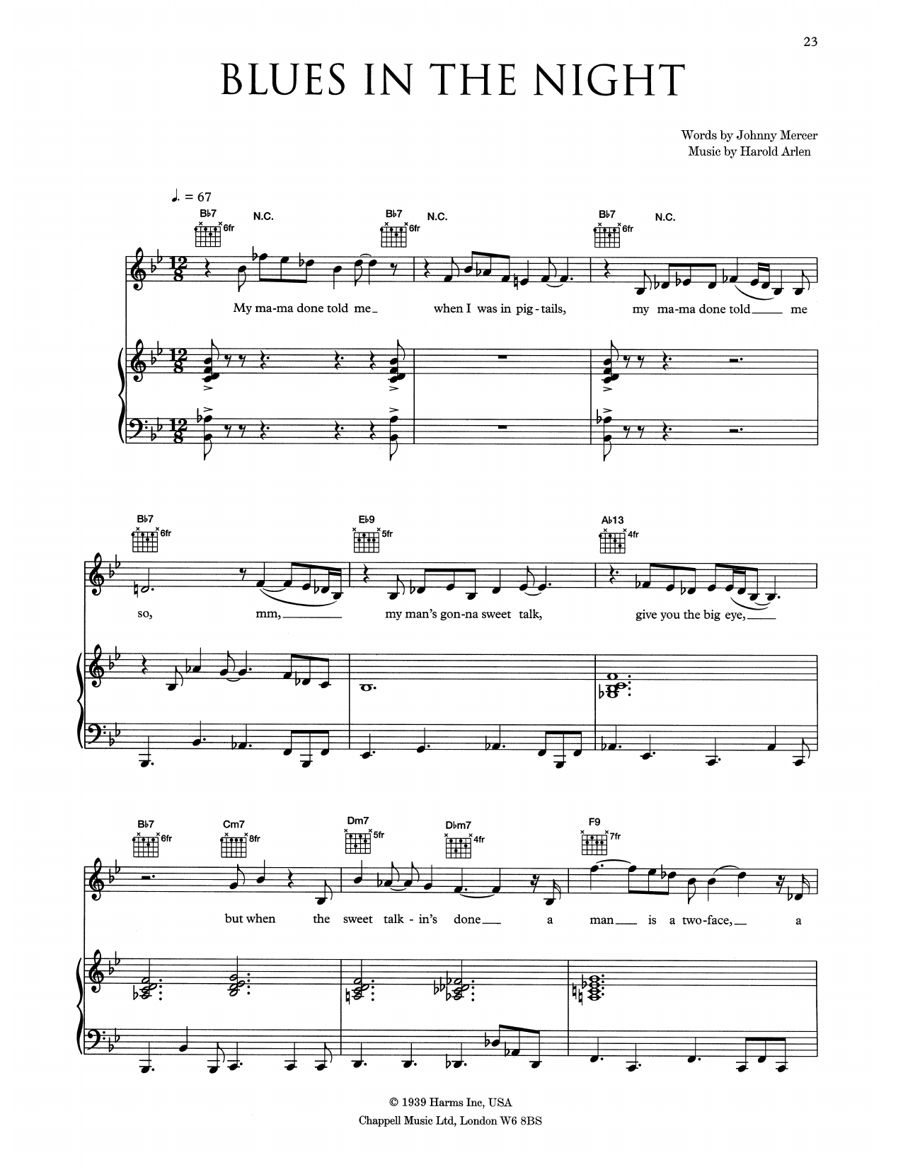 Eva Cassidy Blues In The Night Sheet Music Notes & Chords for Piano, Vocal & Guitar (Right-Hand Melody) - Download or Print PDF