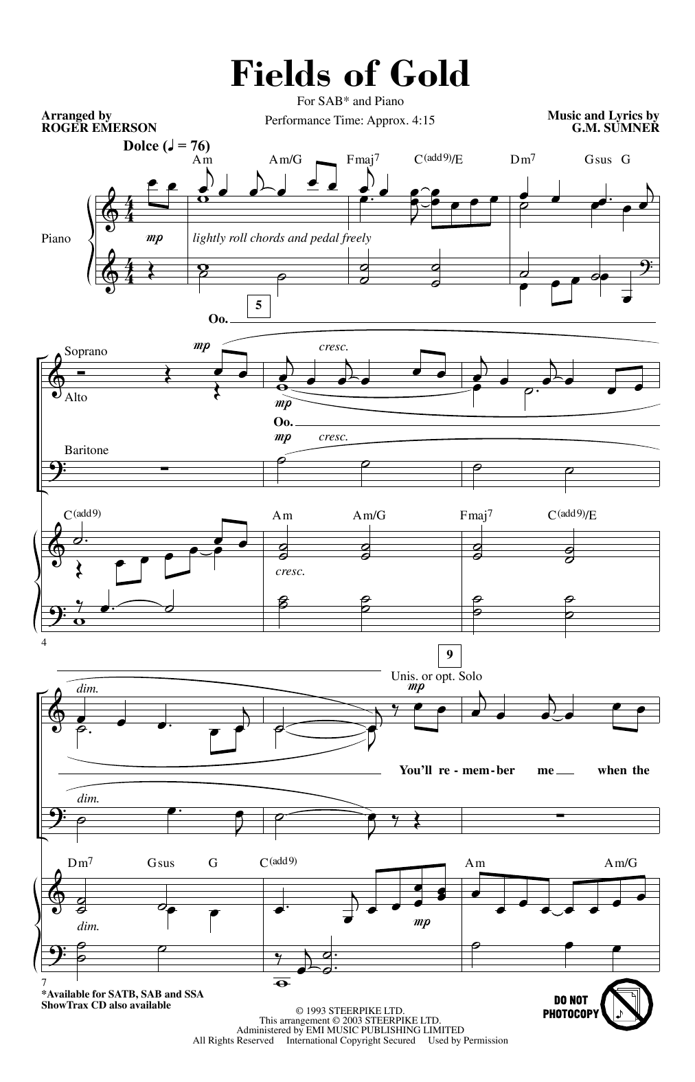 Eva Cassidy Fields Of Gold (arr. Roger Emerson) Sheet Music Notes & Chords for SAB Choir - Download or Print PDF