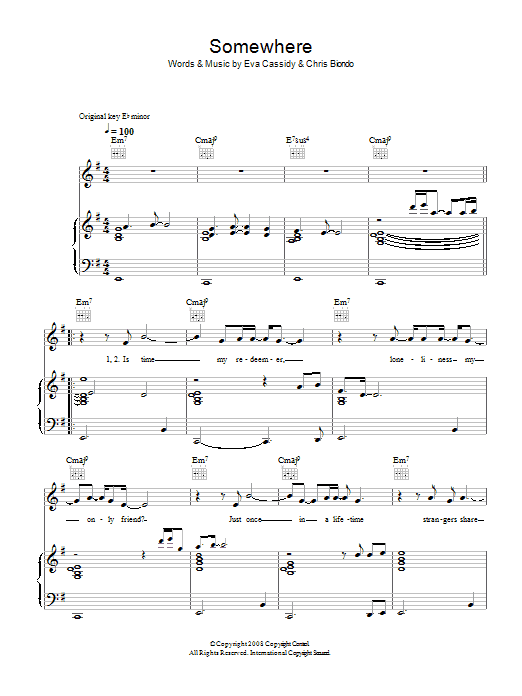 Eva Cassidy Somewhere Sheet Music Notes & Chords for Piano, Vocal & Guitar - Download or Print PDF