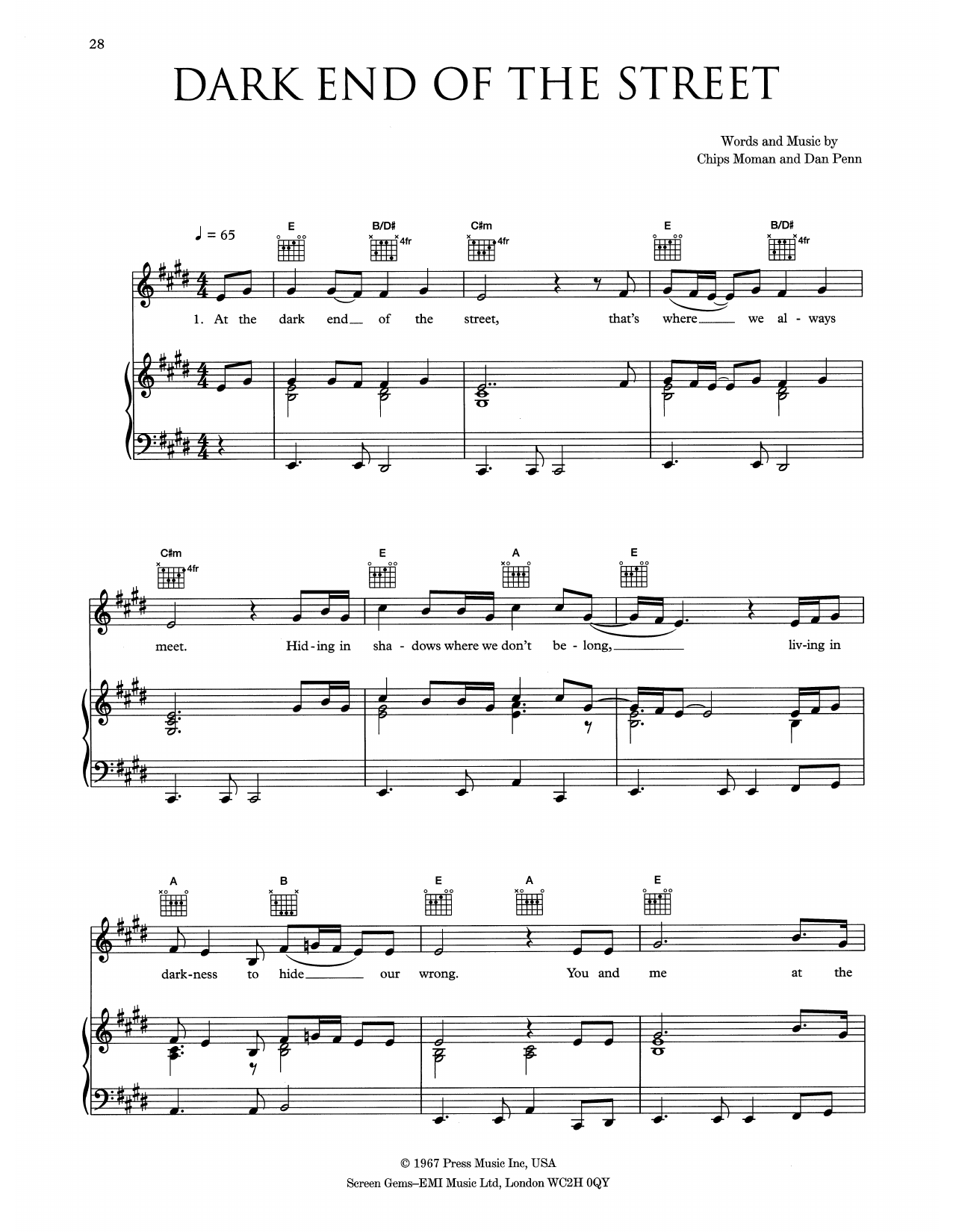 Eva Cassidy The Dark End Of The Street Sheet Music Notes & Chords for Piano, Vocal & Guitar (Right-Hand Melody) - Download or Print PDF