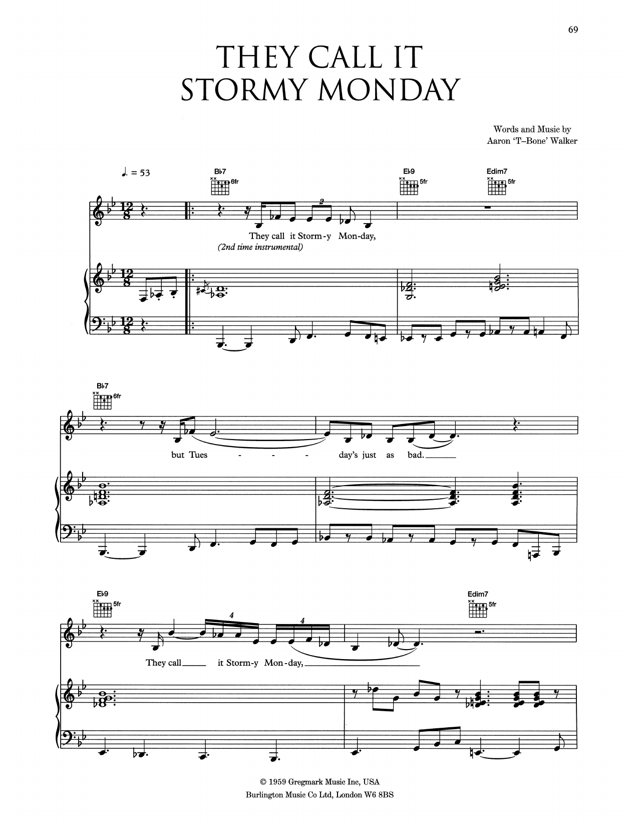 Eva Cassidy (They Call It) Stormy Monday (Stormy Monday Blues) Sheet Music Notes & Chords for Piano, Vocal & Guitar (Right-Hand Melody) - Download or Print PDF