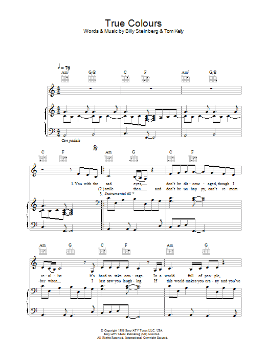 Eva Cassidy True Colours Sheet Music Notes & Chords for Piano, Vocal & Guitar - Download or Print PDF