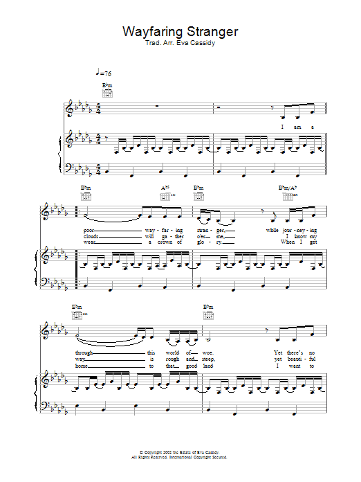 Eva Cassidy Wayfaring Stranger (no intro) Sheet Music Notes & Chords for Piano, Vocal & Guitar - Download or Print PDF