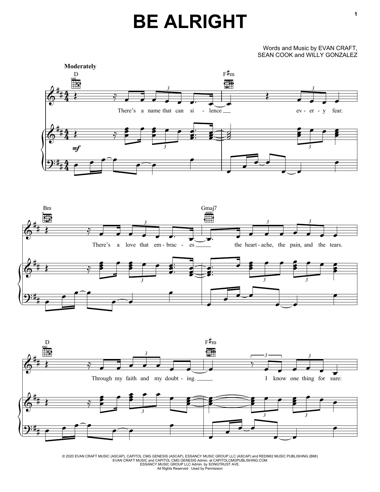 Evan Craft, Danny Gokey & Redimi2 Be Alright Sheet Music Notes & Chords for Piano, Vocal & Guitar Chords (Right-Hand Melody) - Download or Print PDF
