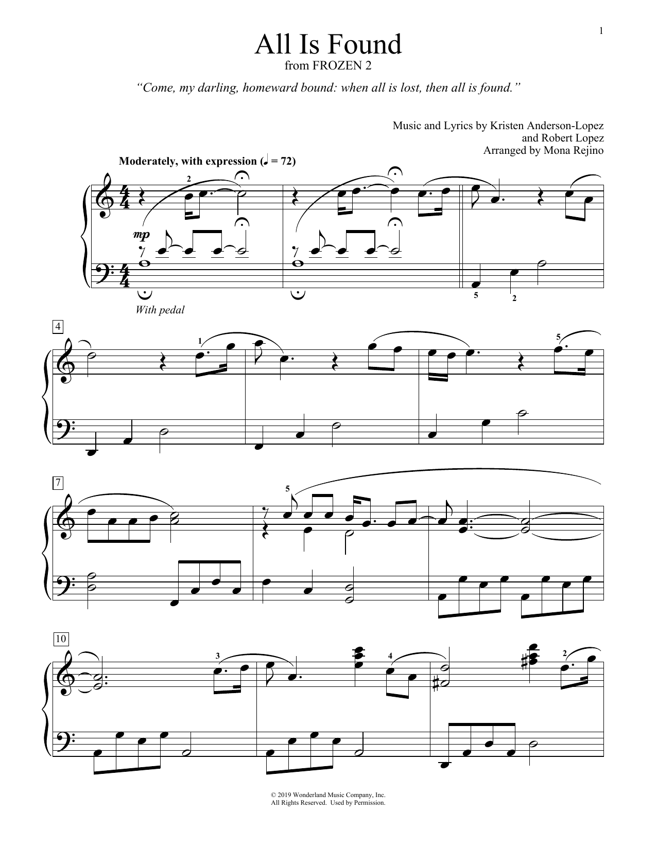 Evan Rachel Wood All Is Found (from Disney's Frozen 2) (arr. Mona Rejino) Sheet Music Notes & Chords for Educational Piano - Download or Print PDF