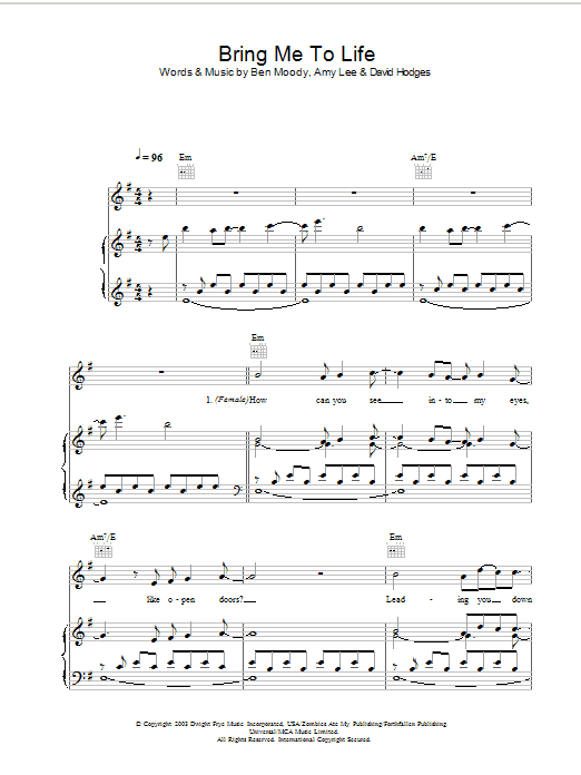 Evanescence Bring Me To Life Sheet Music Notes & Chords for Piano, Vocal & Guitar (Right-Hand Melody) - Download or Print PDF