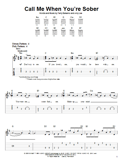 Evanescence Call Me When You're Sober Sheet Music Notes & Chords for Guitar Tab - Download or Print PDF
