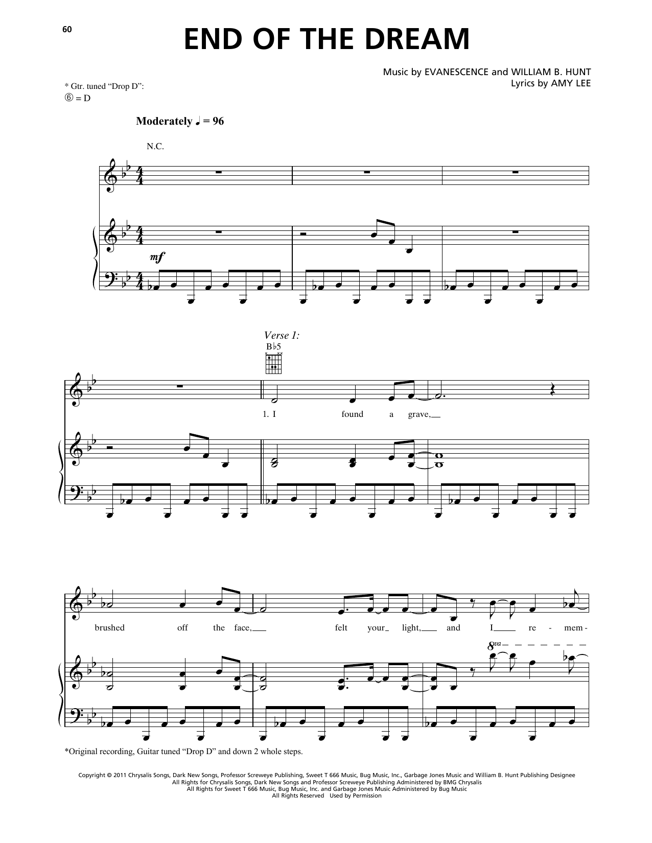 Evanescence End Of The Dream Sheet Music Notes & Chords for Piano, Vocal & Guitar Chords (Right-Hand Melody) - Download or Print PDF