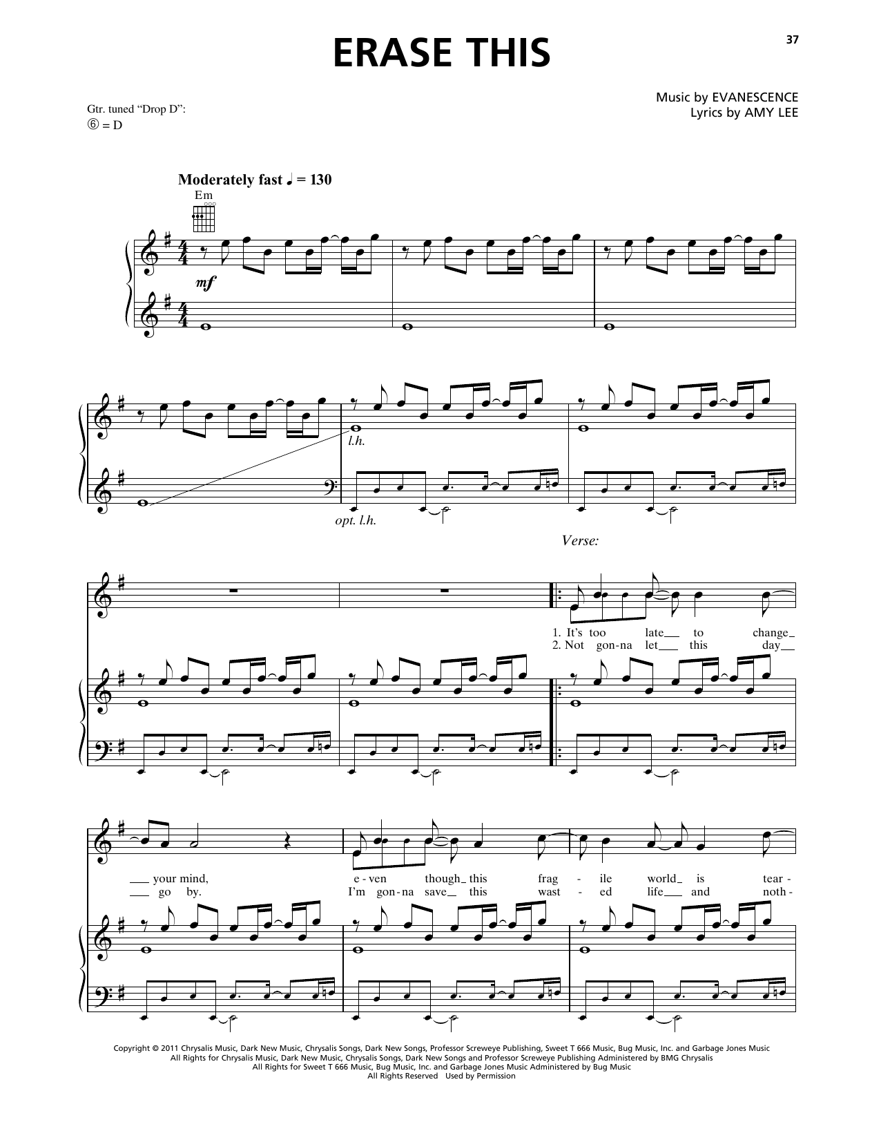 Evanescence Erase This Sheet Music Notes & Chords for Piano, Vocal & Guitar Chords (Right-Hand Melody) - Download or Print PDF