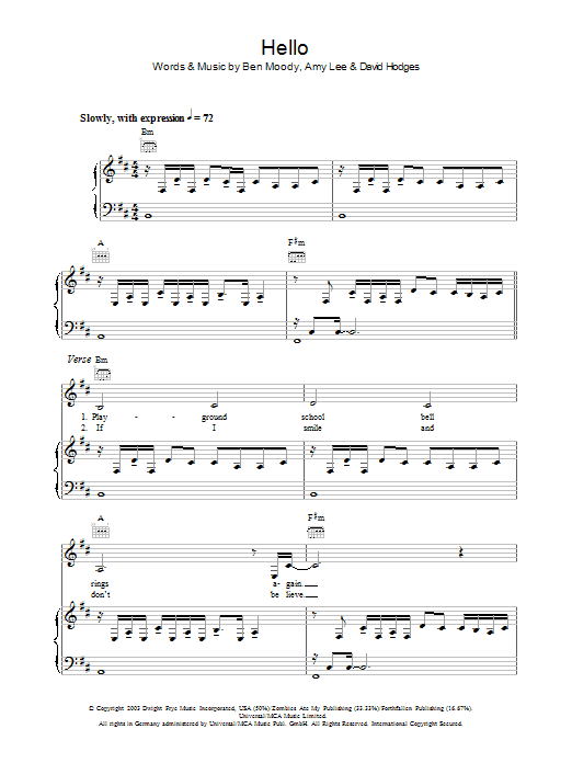 Evanescence Hello Sheet Music Notes & Chords for Piano, Vocal & Guitar - Download or Print PDF