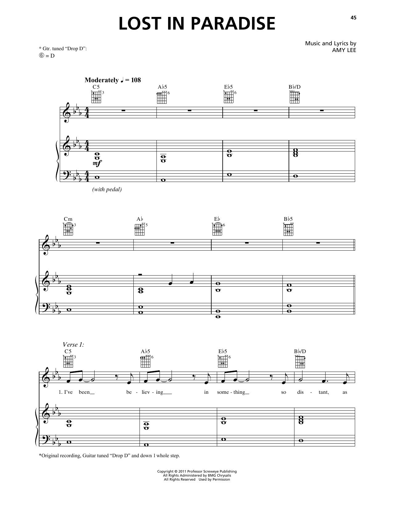 Evanescence Lost In Paradise Sheet Music Notes & Chords for Piano, Vocal & Guitar Chords (Right-Hand Melody) - Download or Print PDF