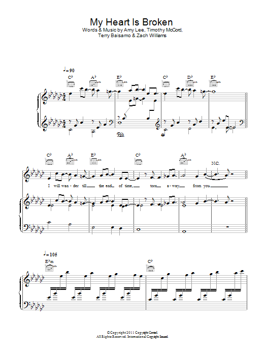 Evanescence My Heart Is Broken Sheet Music Notes & Chords for Piano, Vocal & Guitar (Right-Hand Melody) - Download or Print PDF
