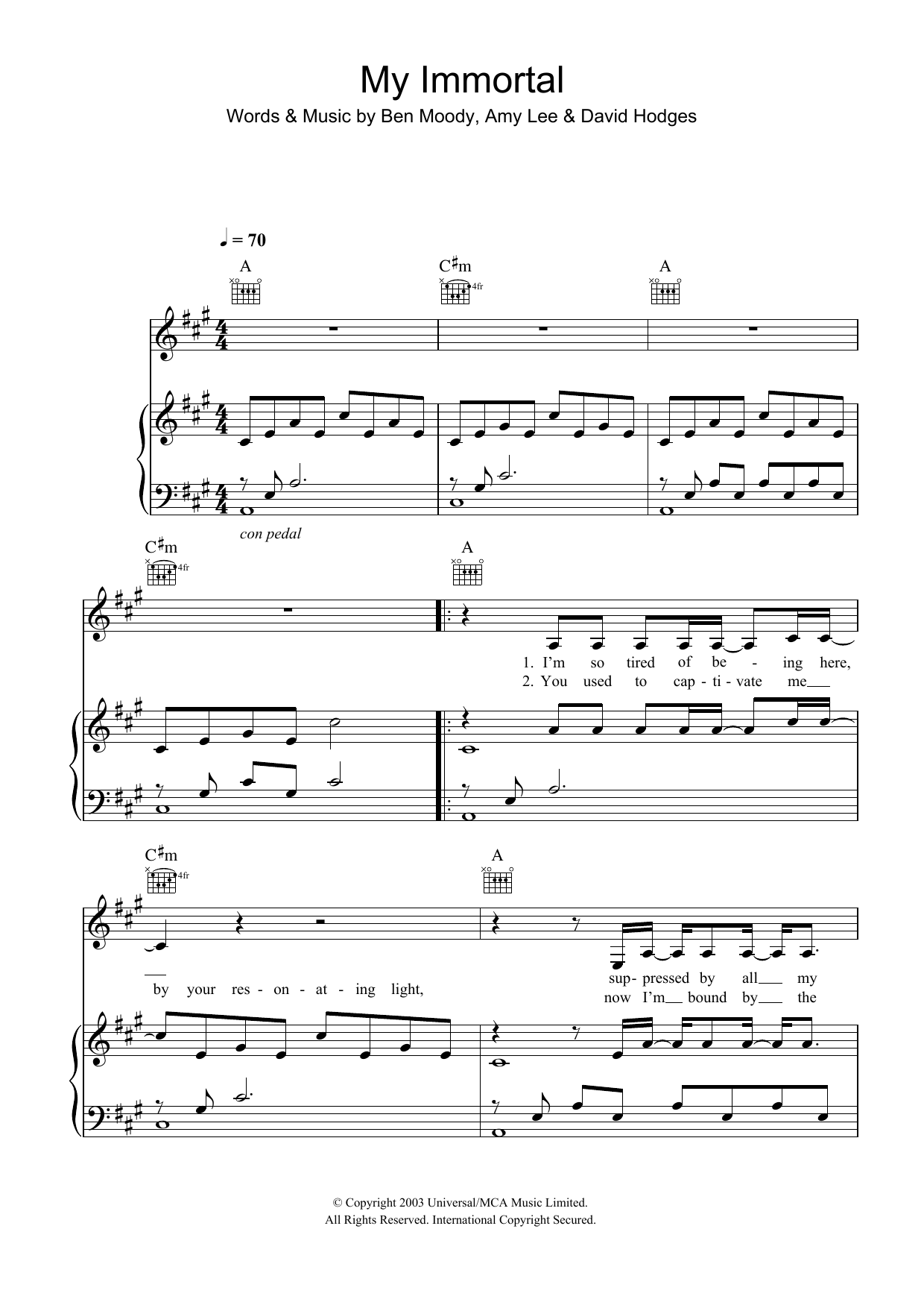 Evanescence My Immortal Sheet Music Notes & Chords for Piano, Vocal & Guitar - Download or Print PDF
