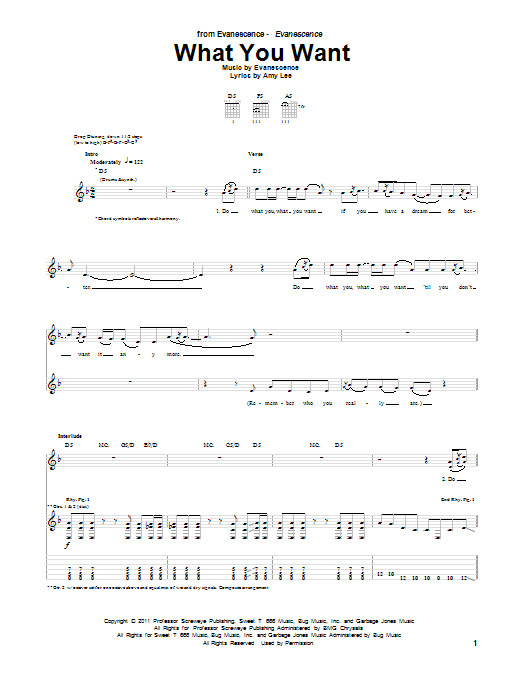 Evanescence What You Want Sheet Music Notes & Chords for Guitar Tab - Download or Print PDF