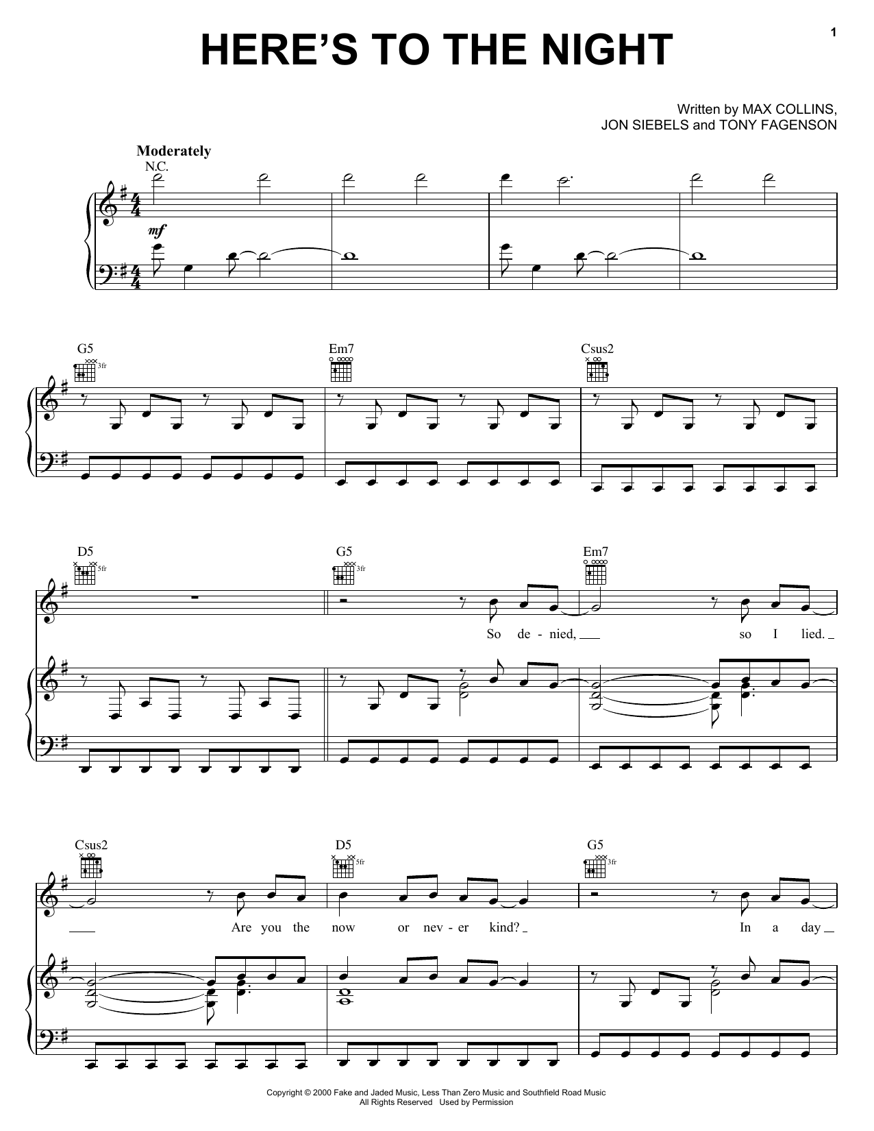 Eve 6 Here's To The Night Sheet Music Notes & Chords for Piano, Vocal & Guitar (Right-Hand Melody) - Download or Print PDF