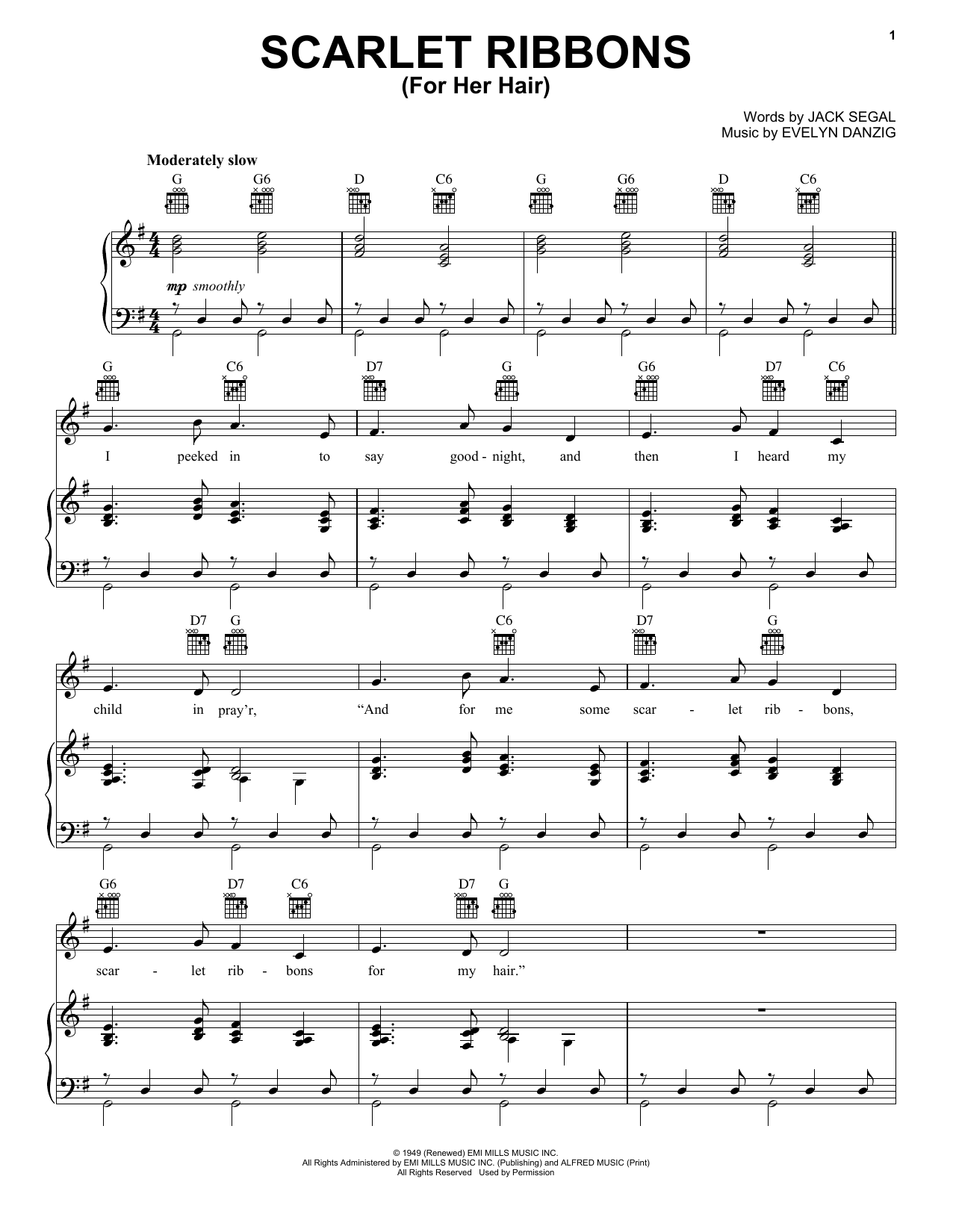 Evelyn Danzig Scarlet Ribbons (For Her Hair) Sheet Music Notes & Chords for Piano, Vocal & Guitar (Right-Hand Melody) - Download or Print PDF Evelyn Danzig Scarlet Ribbons (For Her Hair) Sheet Music Notes & Chords for Piano, Vocal & Guitar (Right-Hand Melody) - Download or Print PDF