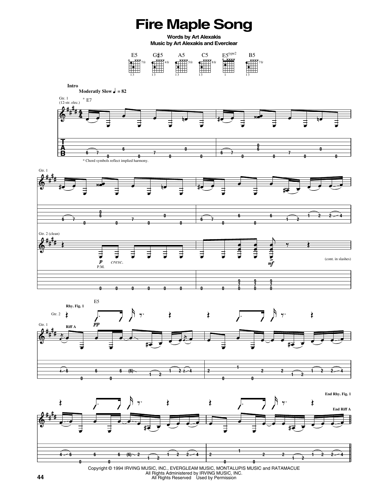 Everclear Fire Maple Song Sheet Music Notes & Chords for Guitar Tab - Download or Print PDF