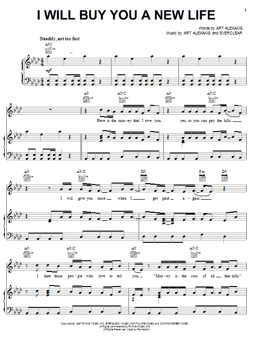Preview Everclear I Will Buy You A New Life Pop sheet music, notes and chords for Piano, Vocal & Guitar (Right-Hand Melody), SKU: 22856 I Will Buy You A New Life sheet music