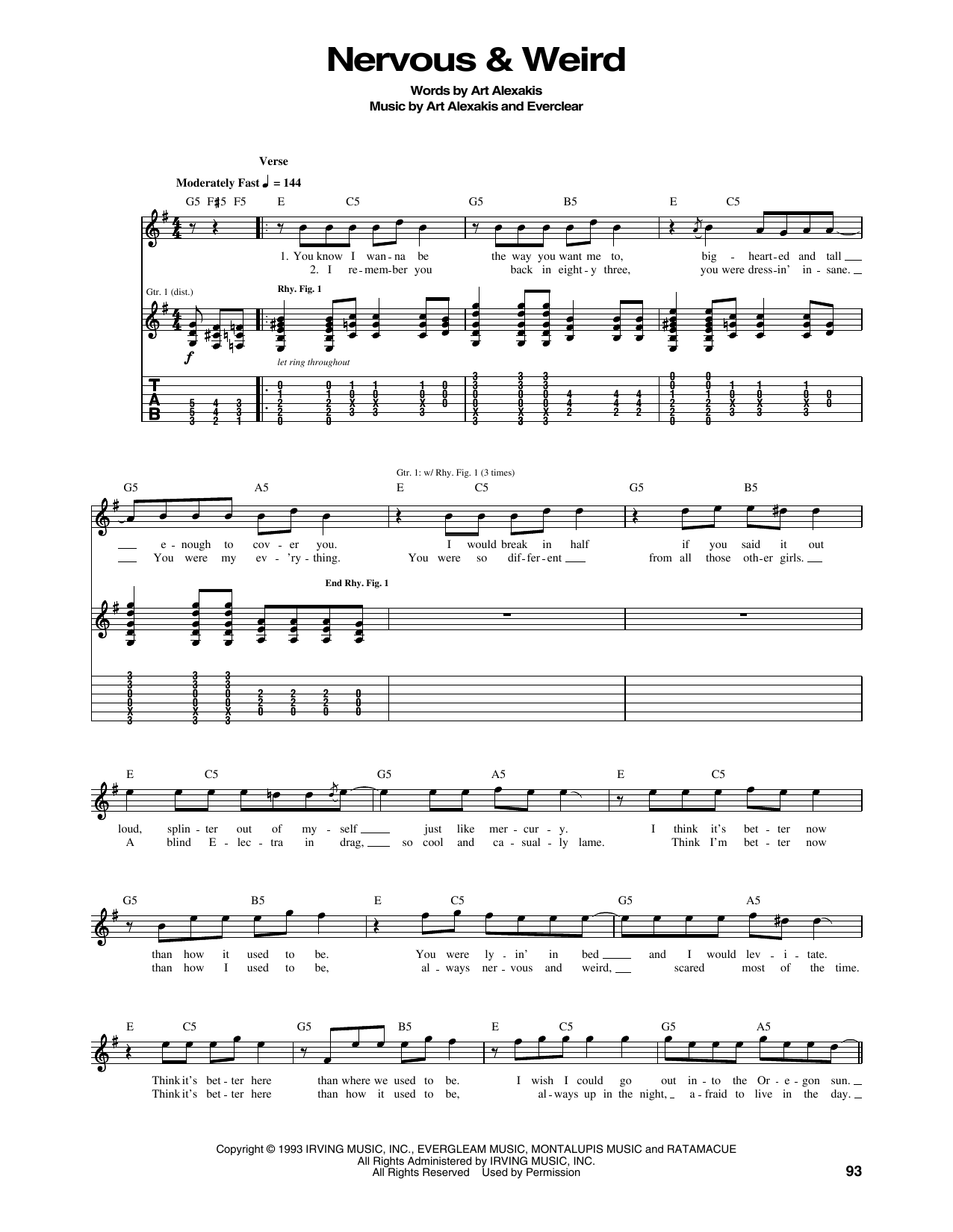 Everclear Nervous & Weird Sheet Music Notes & Chords for Guitar Tab - Download or Print PDF