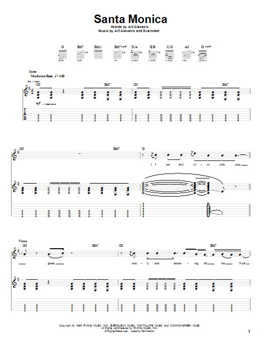 Everclear Santa Monica Sheet Music Notes & Chords for Easy Guitar - Download or Print PDF