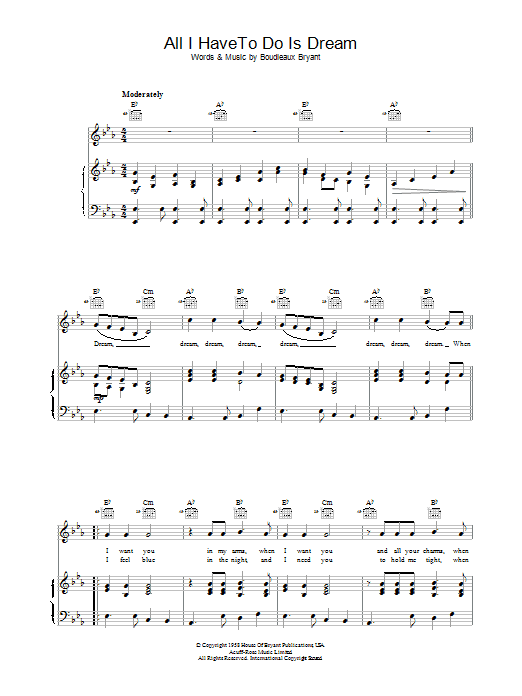 Everly Brothers All I Have To Do Is Dream Sheet Music Notes & Chords for Piano - Download or Print PDF