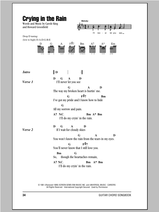 The Everly Brothers Crying In The Rain Sheet Music Notes & Chords for Lyrics & Chords - Download or Print PDF