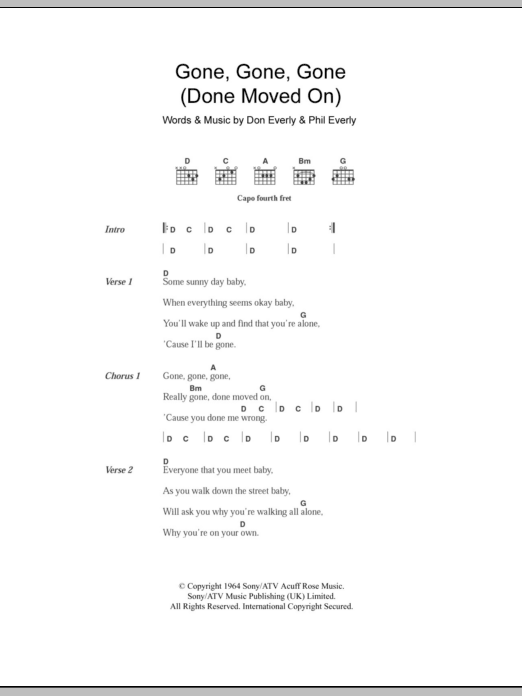 The Everly Brothers Gone, Gone, Gone (Done Moved On) Sheet Music Notes & Chords for Lyrics & Chords - Download or Print PDF