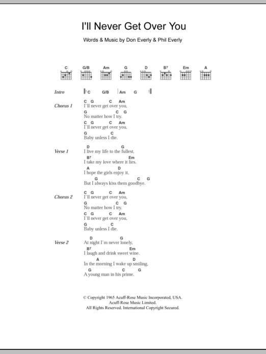 The Everly Brothers I'll Never Get Over You Sheet Music Notes & Chords for Lyrics & Chords - Download or Print PDF