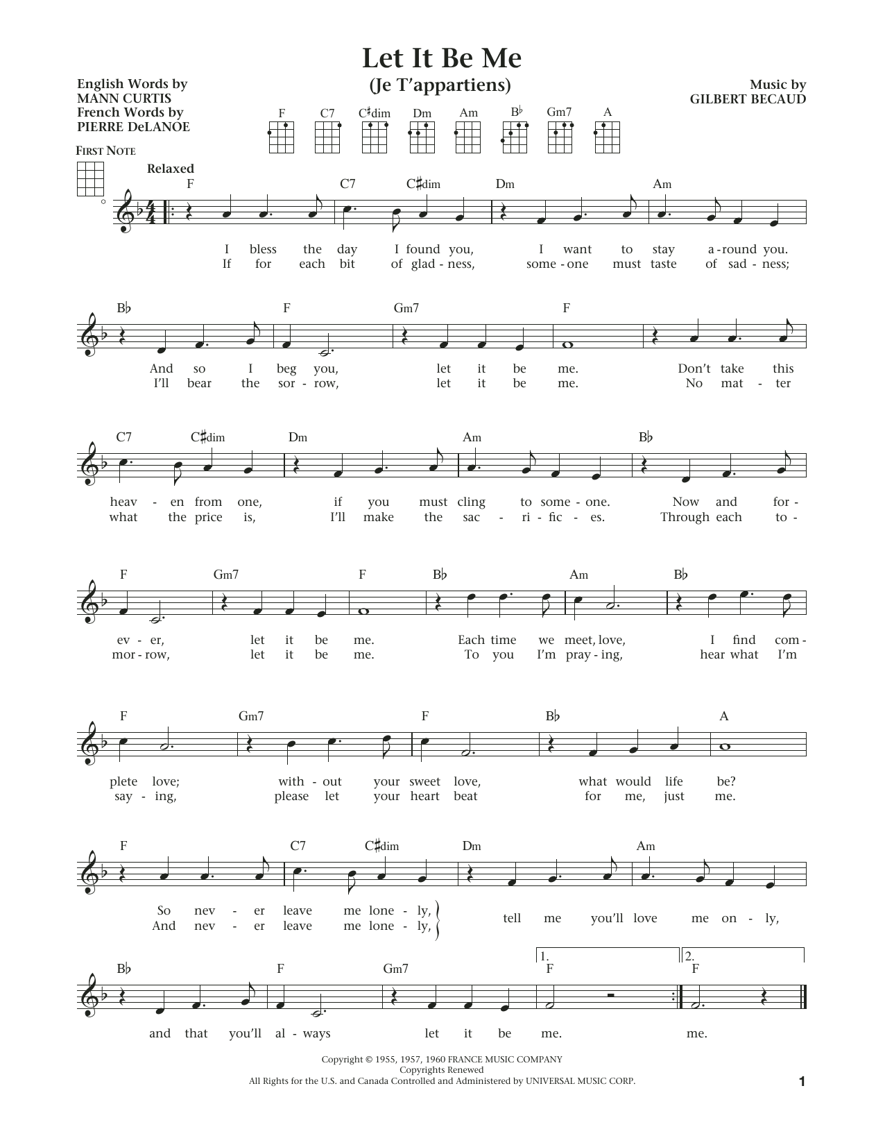 Everly Brothers Let It Be Me (Je T'appartiens) (from The Daily Ukulele) (arr. Liz and Jim Beloff) Sheet Music Notes & Chords for Ukulele - Download or Print PDF