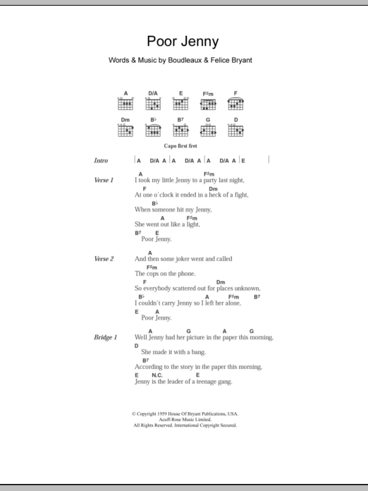 The Everly Brothers Poor Jenny Sheet Music Notes & Chords for Lyrics & Chords - Download or Print PDF