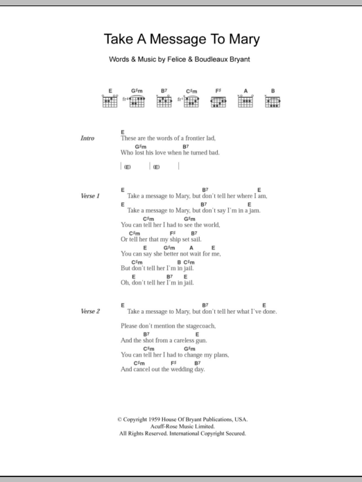 The Everly Brothers Take A Message To Mary Sheet Music Notes & Chords for Lyrics & Chords - Download or Print PDF