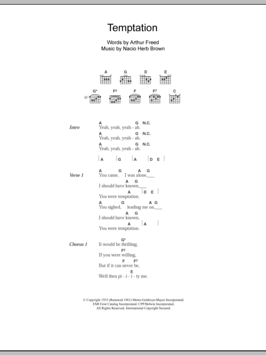 The Everly Brothers Temptation Sheet Music Notes & Chords for Lyrics & Chords - Download or Print PDF